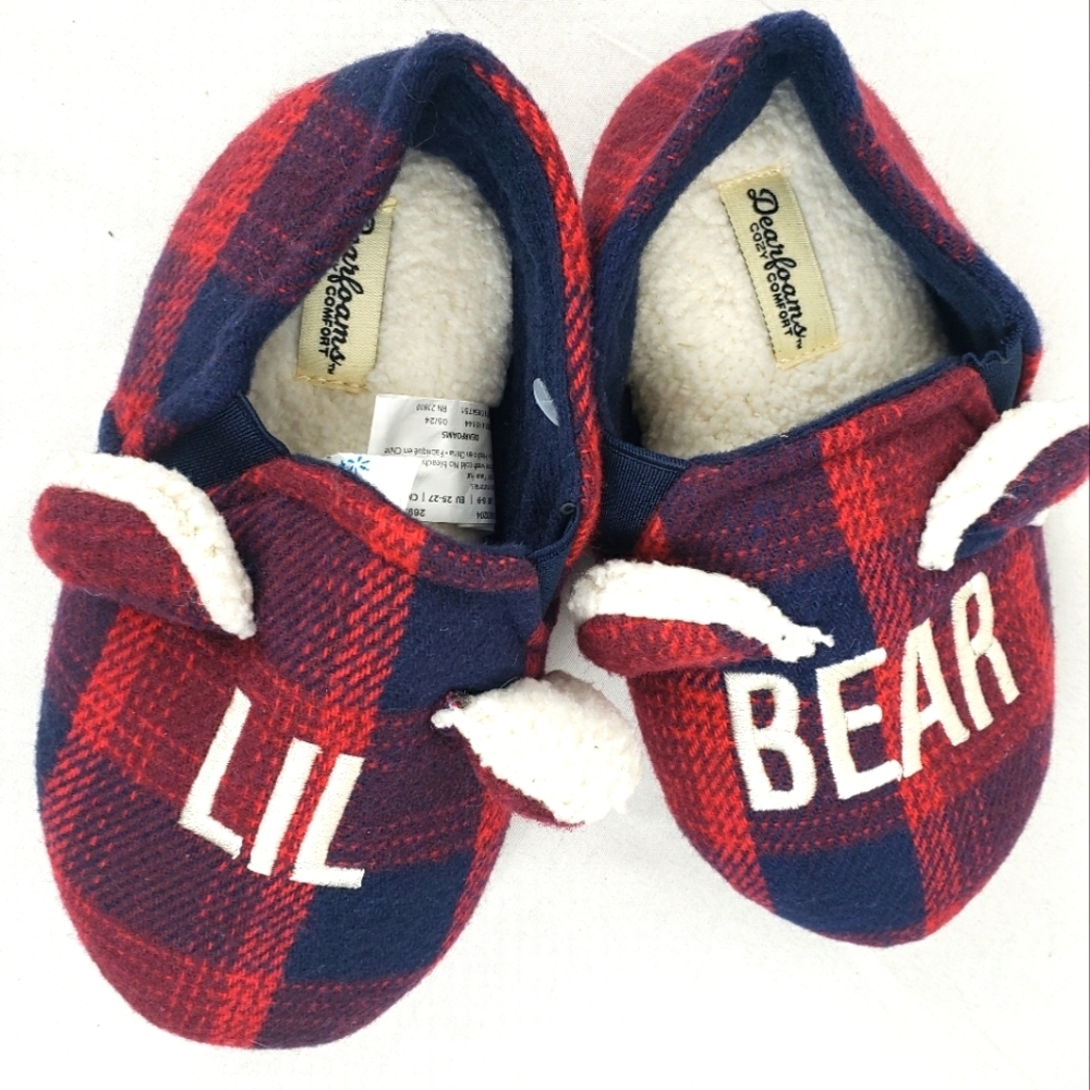Dearfoams Kids Lil Bear Plaid Slippers Red and Blue Toddler Sz 9-10